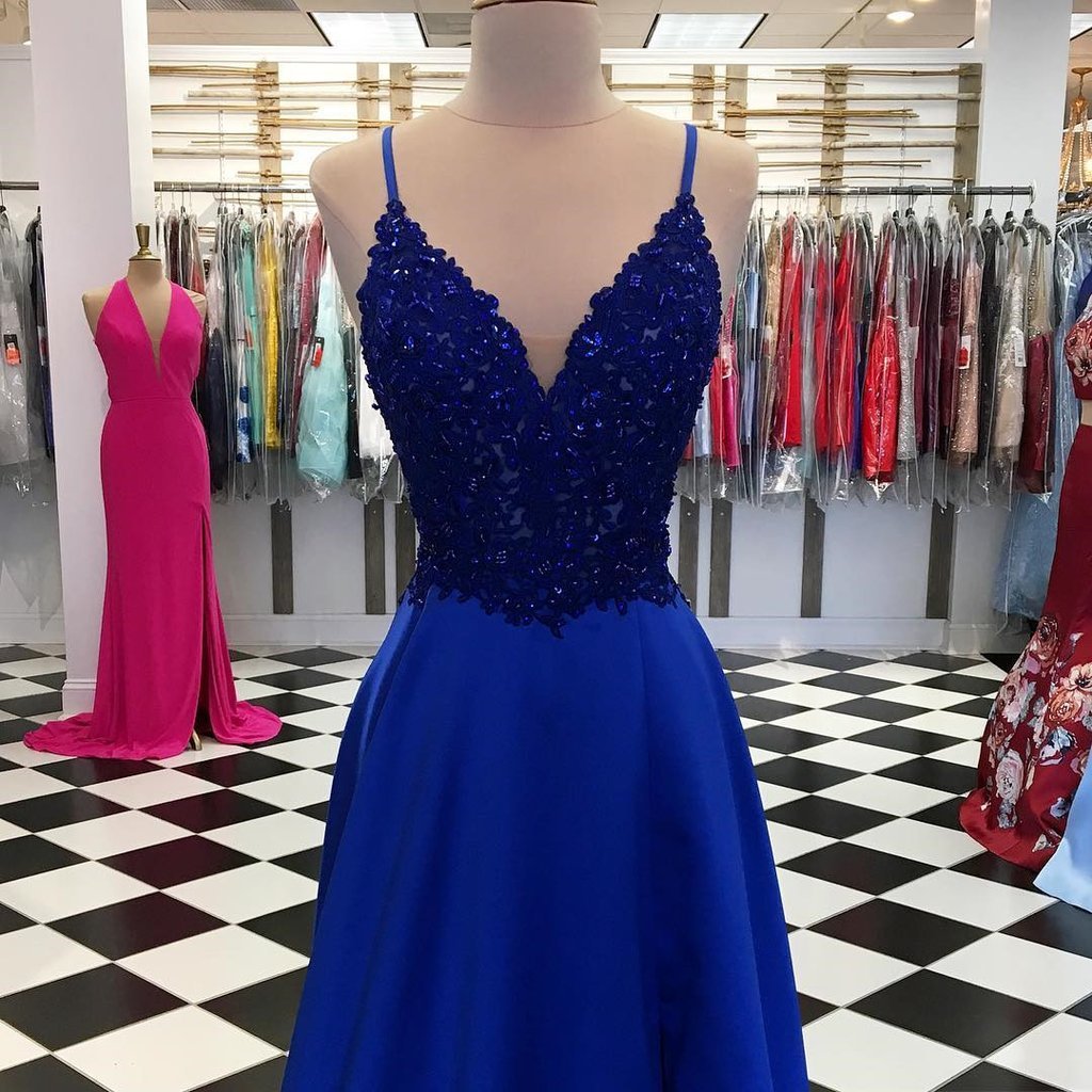 Exquisite Blue Sequins Spaghetti Straps V-neck A-Line Prom Dresses