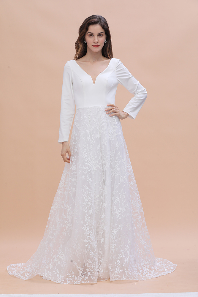Long Sleeve V-neck Satin Backless Lace A-line Wedding Dress