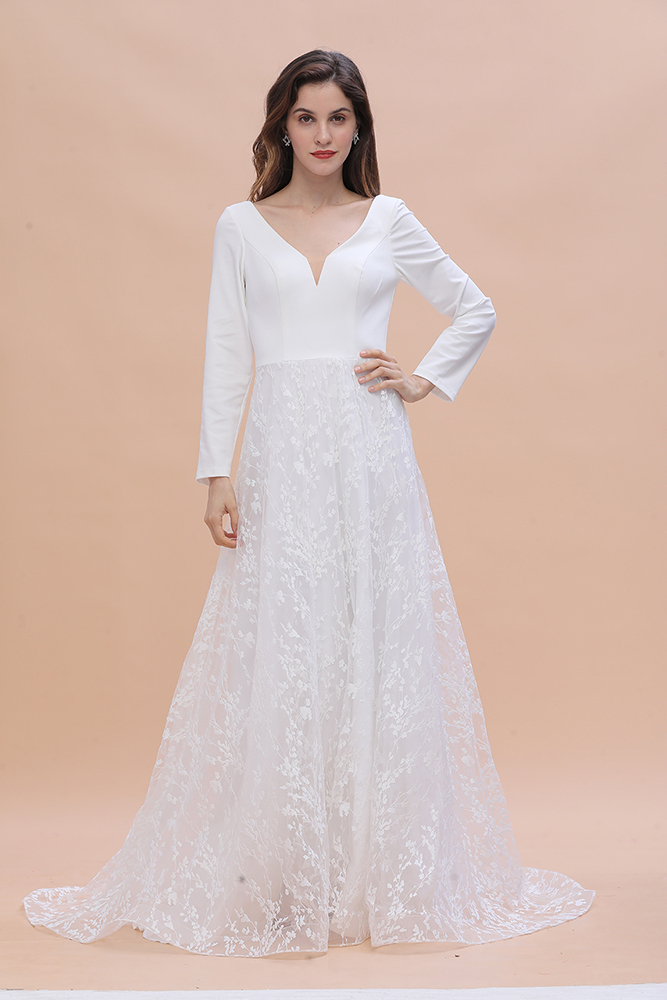 Long Sleeve V-neck Satin Backless Lace A-line Wedding Dress