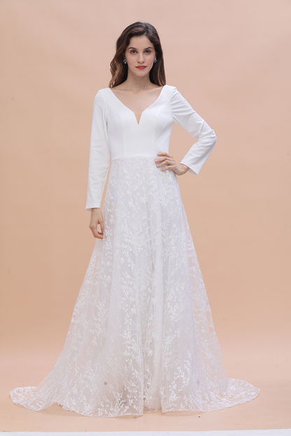 Long Sleeve V-neck Satin Backless Lace A-line Wedding Dress