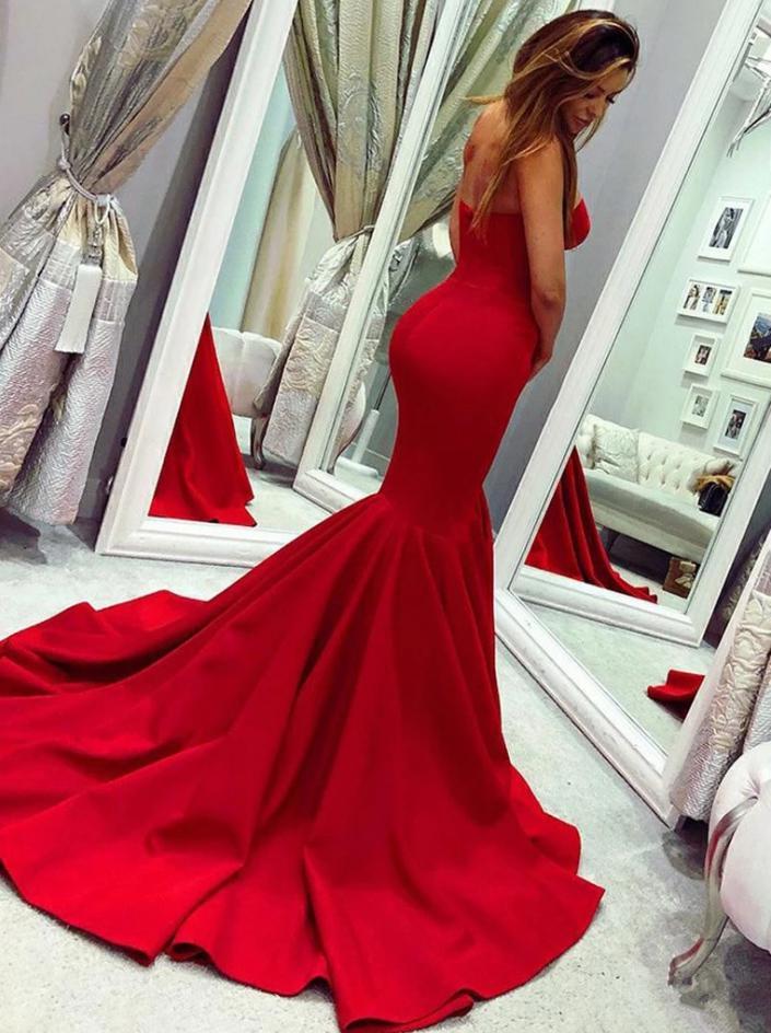 Chic Red Long Mermaid Sweetheart Satin Formal Prom Dress