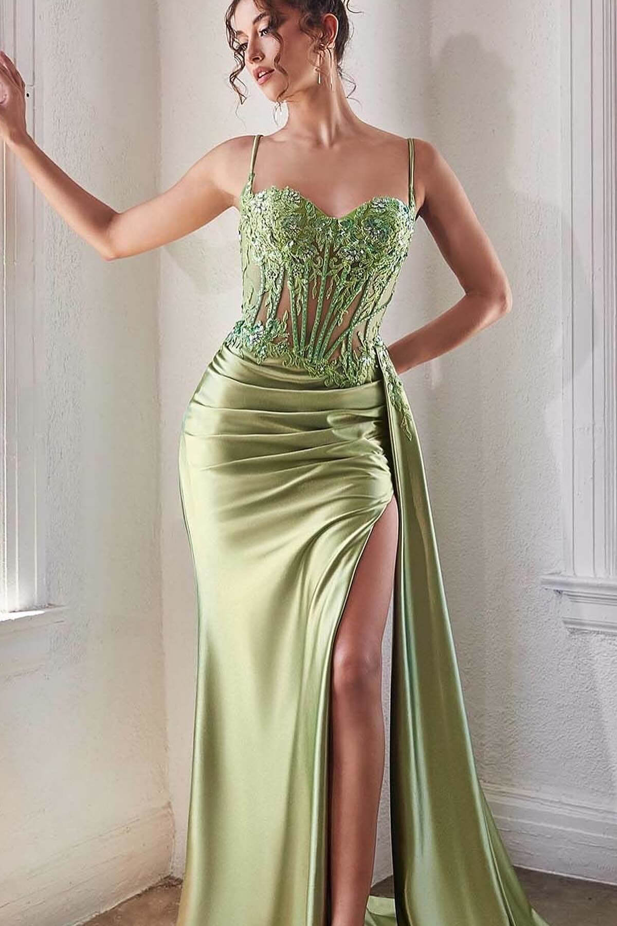 Long Mermaid Sweetheart Spaghetti Straps Satin Lace Prom Dresses with Slit