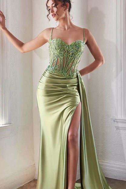 Long Mermaid Sweetheart Spaghetti Straps Satin Lace Prom Dresses with Slit