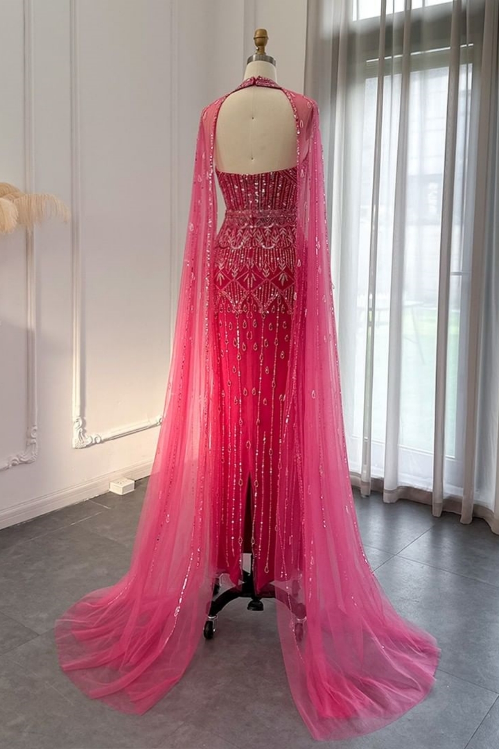 Long Mermaid Halter Beading Sequins Tulle Formal Prom Dresses with Tulle Shawl