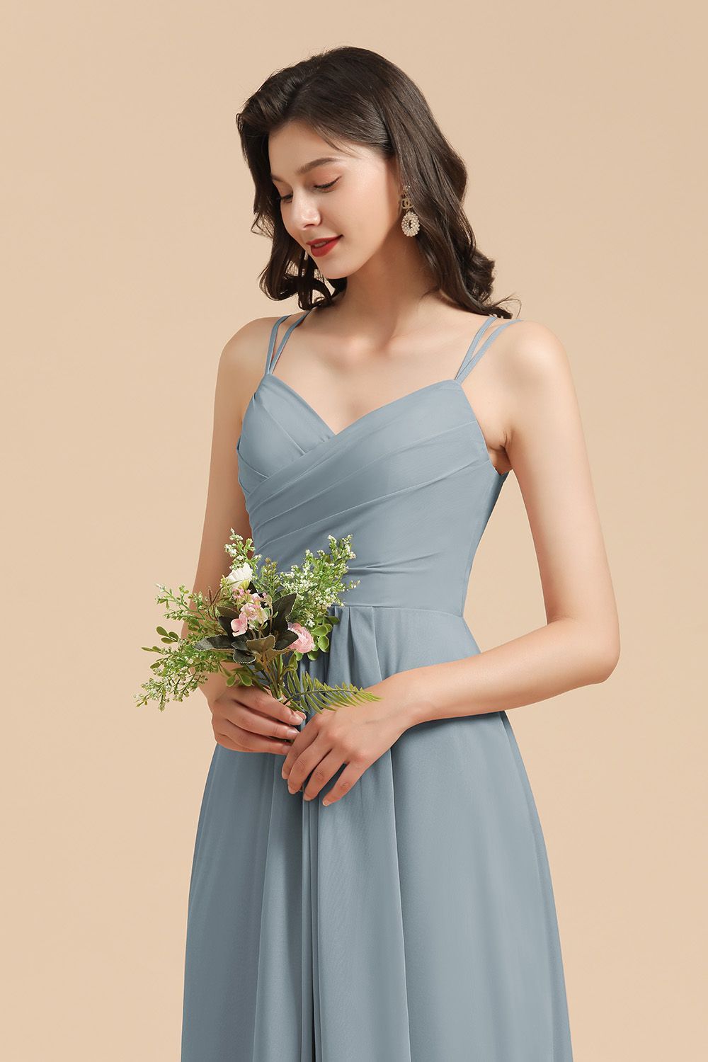 Long A-line V-Neck Chiffon Bridesmaid Dress Dusty Blue Wedding Guest Dress