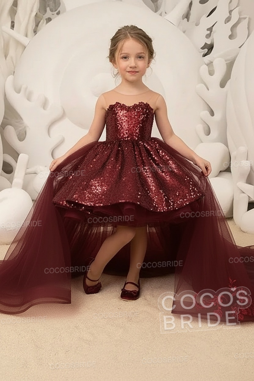 Red Ball Gown Tulle Sequin Sleeveless Flower Girl Dresses