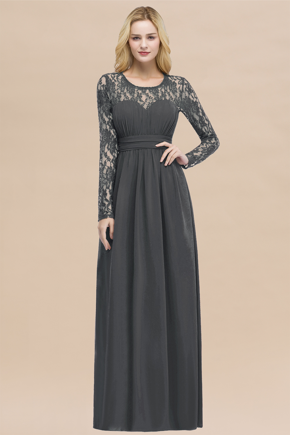 Elegant A-Line Chiffon Jewel Long Sleeves Ruffles Floor-Length Bridesmaid Dresses