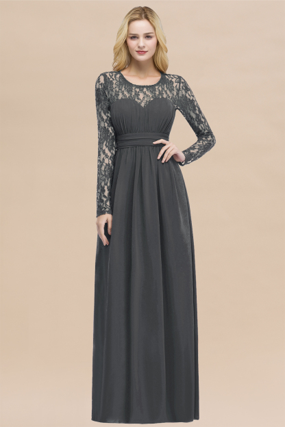 Elegant A-Line Chiffon Jewel Long Sleeves Ruffles Floor-Length Bridesmaid Dresses