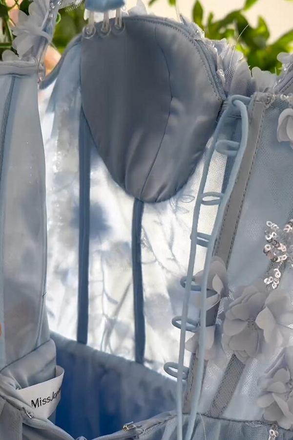 Elegant Sky-Blue A-Line Sweetheart Tulle Ankle-Length Prom Dresses with Flowers