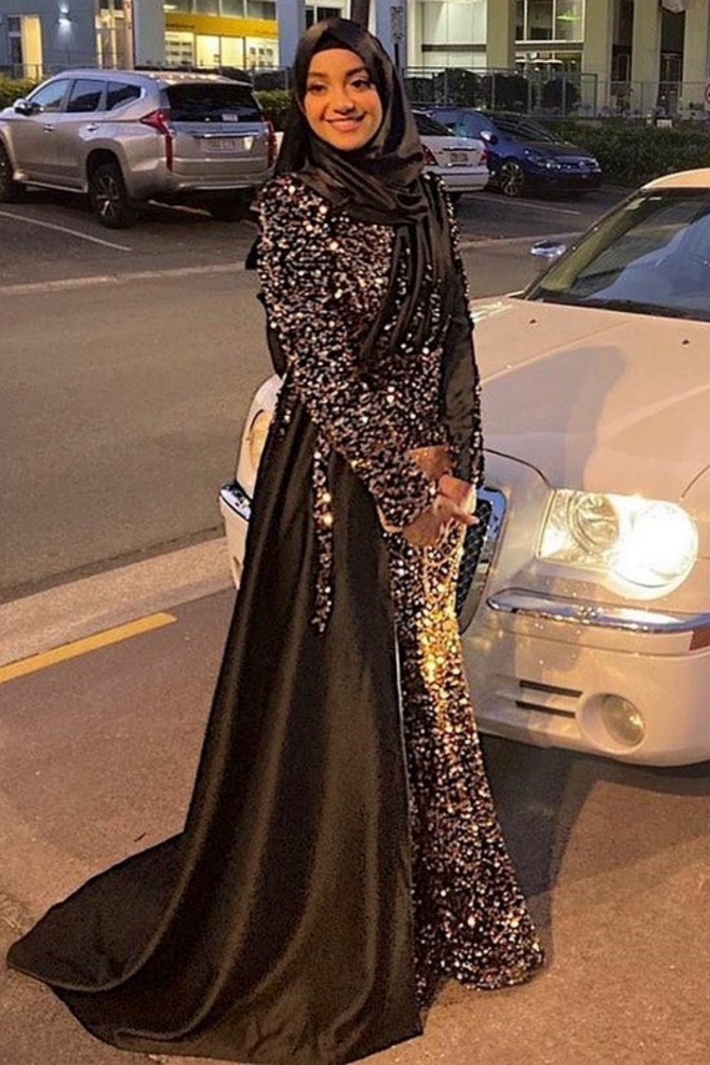 Charming Long Mermaid One Shoulder Beads Ruffle Sequins Evening Prom Dresses with Sleeves