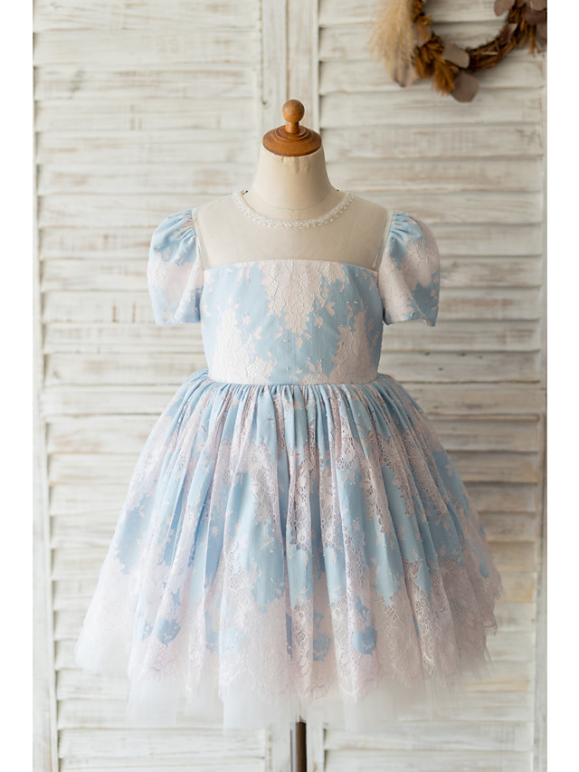 Ball Gown Knee Length Wedding / Birthday Flower Girl Dresses - Lace Short Sleeve Jewel Neck With Beading