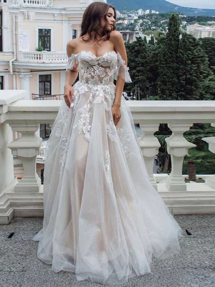 Off-the-Shoulder Lace Tulle A-Line Wedding Dresses