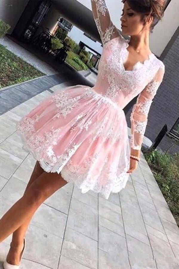 A-Line V-neck Long Sleeves Appliques Lace Tulle Short Homecoming Dress