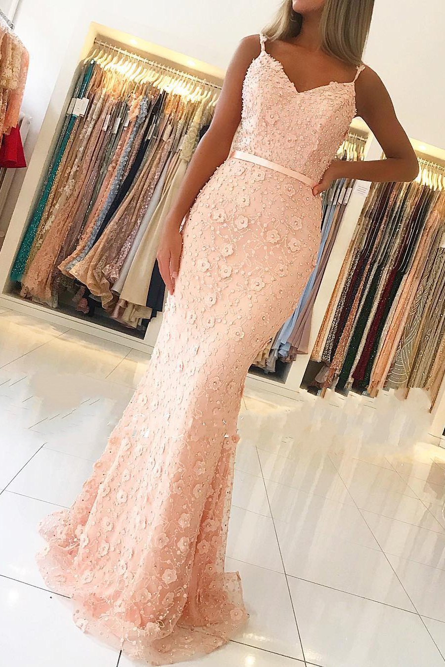 Classy Spaghetti Straps Sweetheart Lace Open Back Mermaid Prom Dress