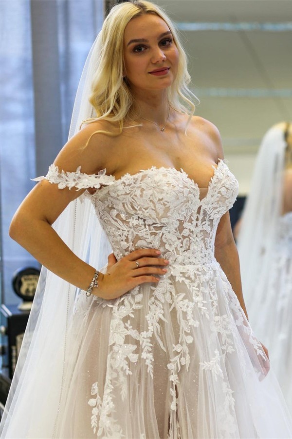 Modern Long A-line Off the Shoulder Tulle Lace Wedding Dress with slit