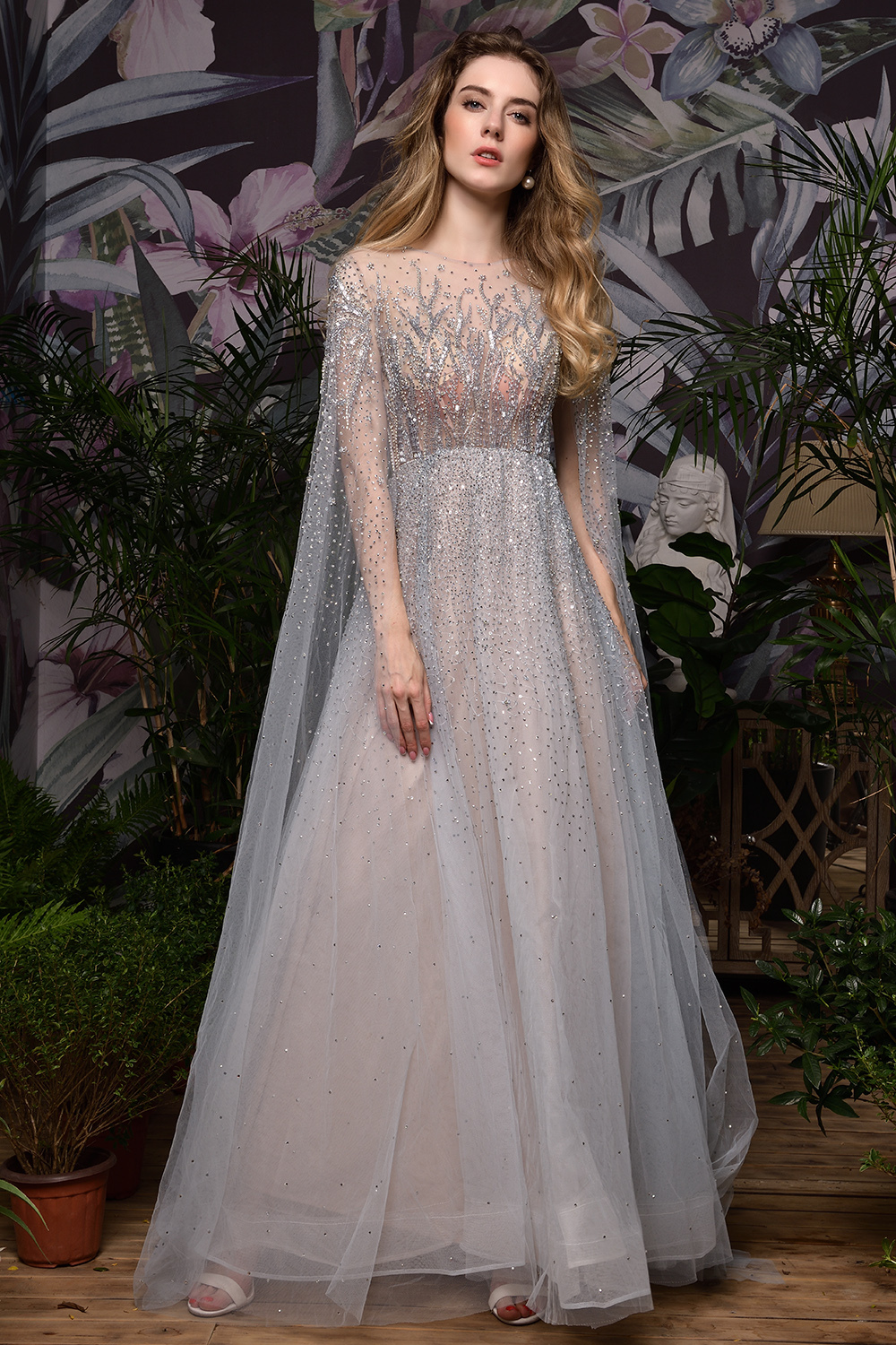 Luxury Shawl Sequined A-line Long Prom Dress