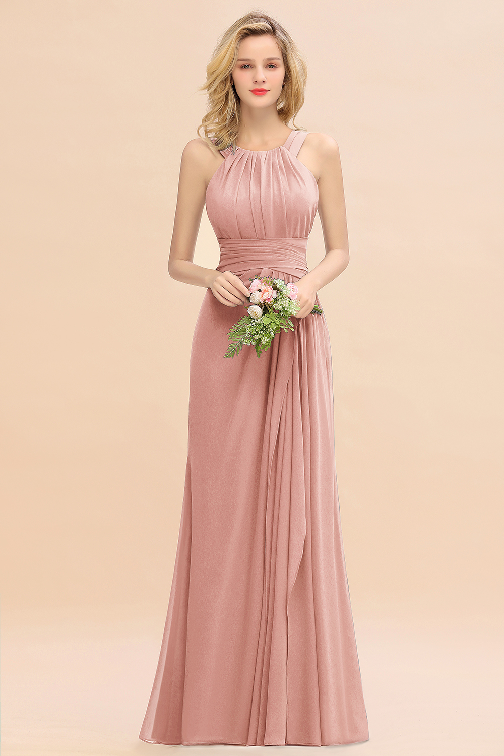 Long A-line Halter Chiffon Backless Floor-length Bridesmaid Dresses