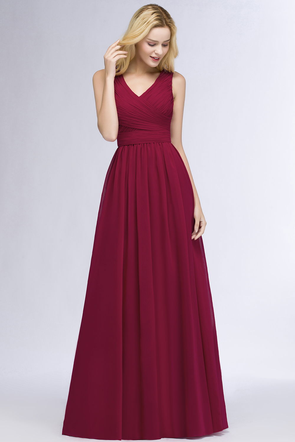 A-line Chiffon V-Neck Sleeveless Ruffles Floor-length Bridesmaid Dress