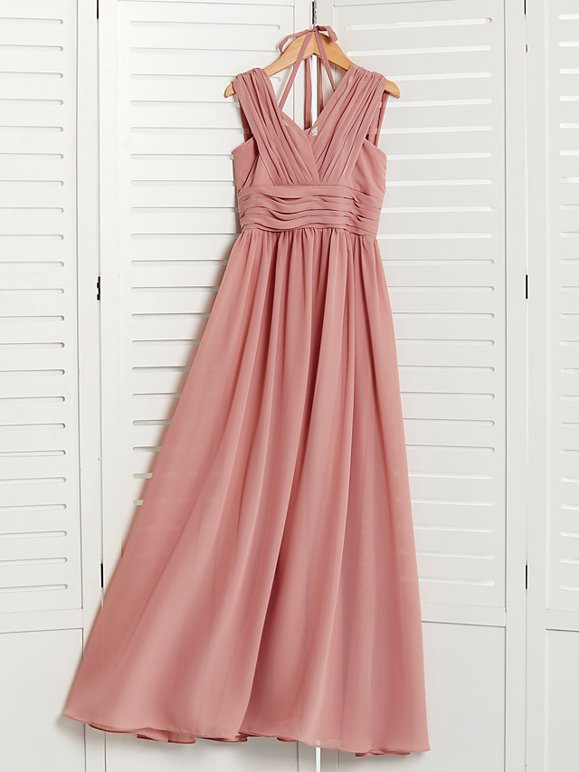 Long A-Line V Neck Chiffon Junior Bridesmaid Dress