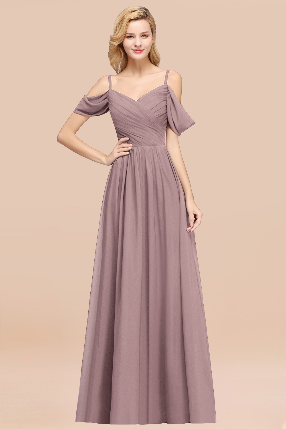 A-Line Chiffon V-Neck Spaghetti Straps Short-Sleeves Floor-Length Bridesmaid Dresses with Ruffles