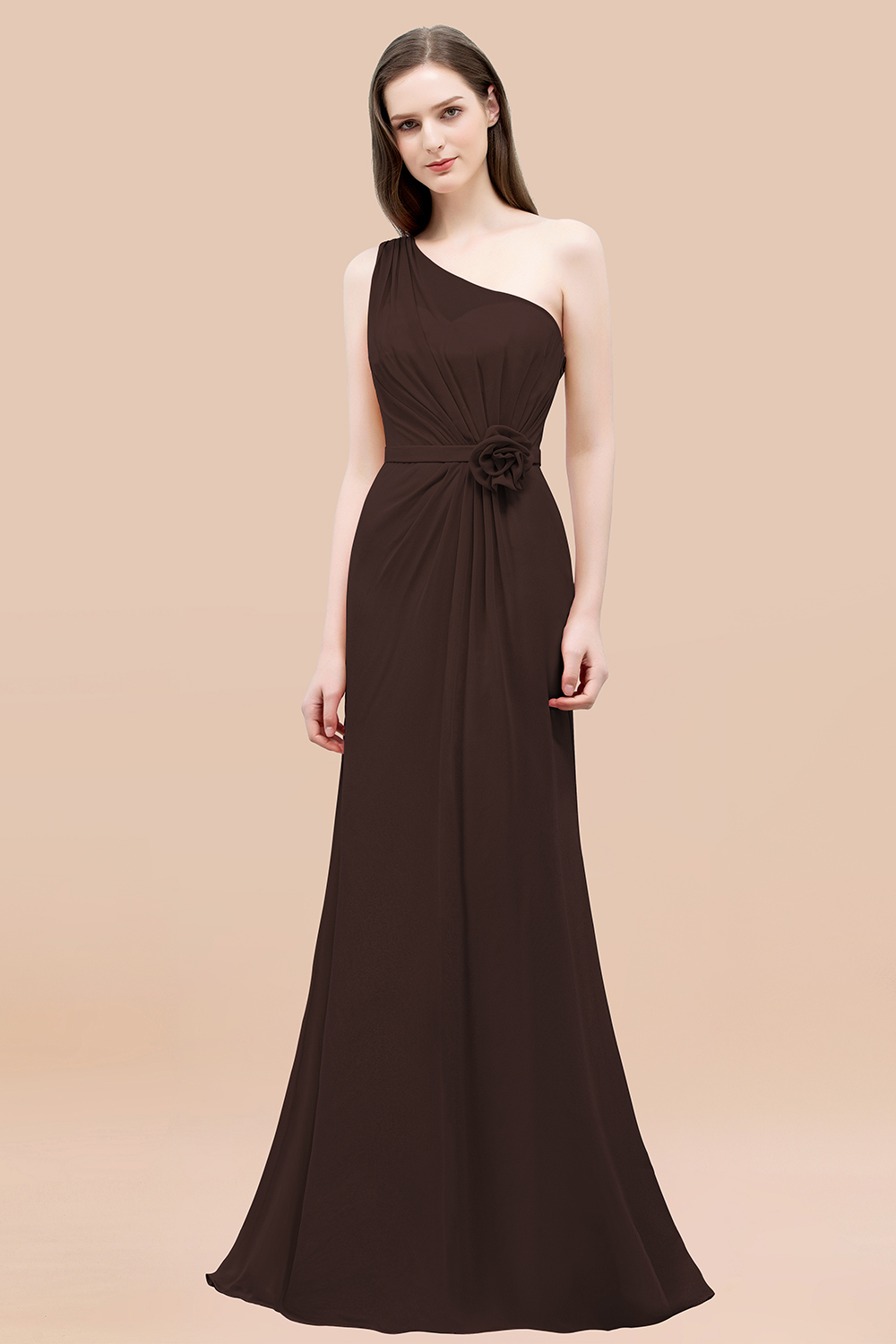 Mermaid Chiffon One-shoulder Sleeveless Ruffled Floor-Length Bridesmaid Dresses with Flower