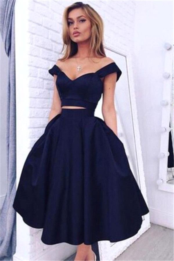 Elegant Short Two Piece Off the Shoulder Homecoming Dress with Pockets
