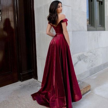 Long A-line Off the Shoulder Backless Ruffles Velvet Formal Dress With Pockets