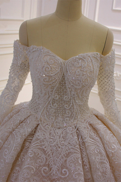 Gorgeous Off the Shoulder Long Sleeve Appliques Lace Ball Gown Wedding Dress