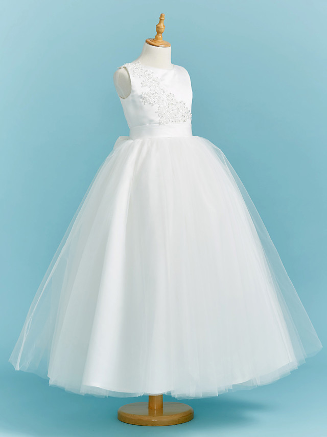 Ball Gown Crew Neck Floor Length Lace / Tulle Junior Bridesmaid Dress With Sash / Ribbon / Pleats / Beading