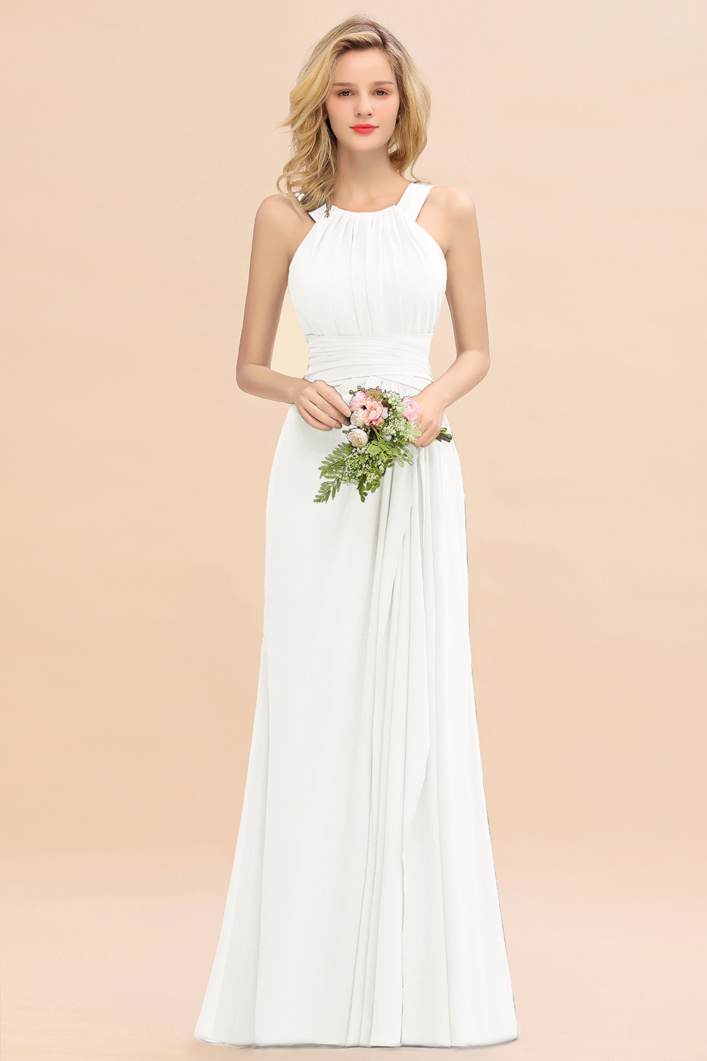 Long A-line Halter Chiffon Backless Floor-length Bridesmaid Dresses