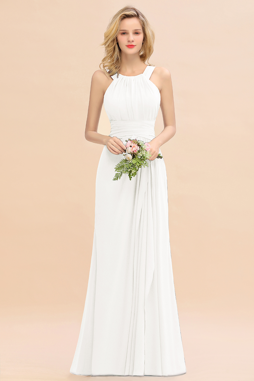 Long A-line Halter Chiffon Backless Floor-length Bridesmaid Dresses