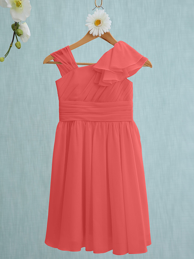 Sheath / Column Straps Knee Length Chiffon Junior Bridesmaid Dress With Ruffles / Side Draping / Natural