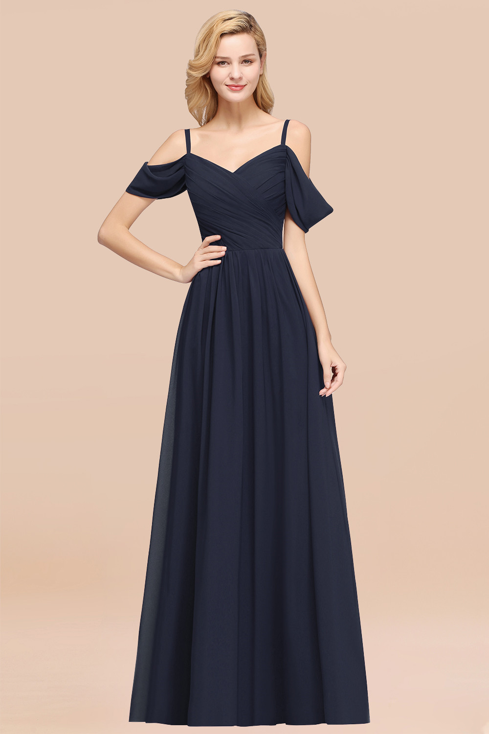 A-Line Chiffon V-Neck Spaghetti Straps Short-Sleeves Floor-Length Bridesmaid Dresses with Ruffles