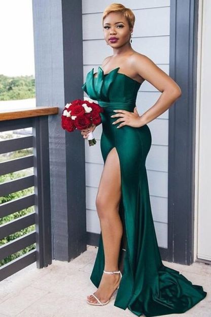 Dark Green Mermaid Side Split Bridesmaid Dresses Mixed Styles