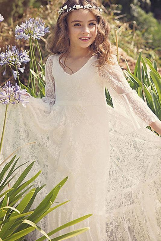 White Scoop Neck Long Sleeves Dress Flower Girls Dress