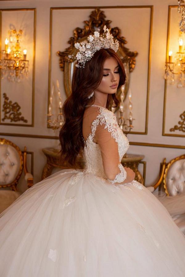 Long Ball Gown Sweetheart Tulle Lace Open Back Wedding Dresses with Sleeves