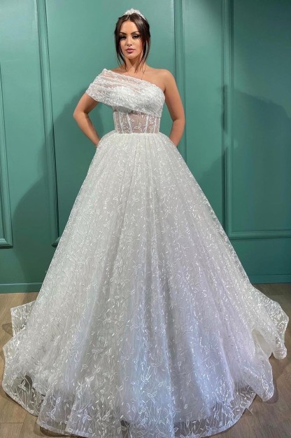 Gorgeous Long A-line One Shoulder Glitter Wedding Dress