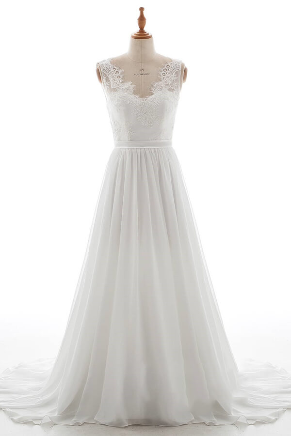 Long V-neck Lace Chiffon Backless A-line Wedding Dress