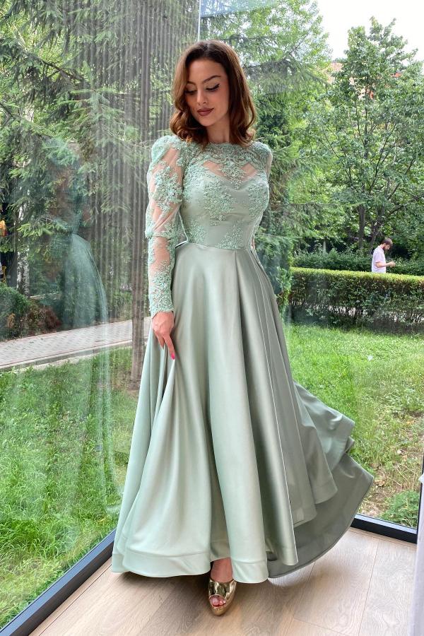 Crew Neck A-Line Long Sleeve Appliques Lace Satin Prom Dress with Slit Crew Neck A-Line Long Sleeve Appliques Lace Satin Prom Dress with Slit