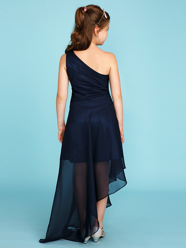 A-Line One Shoulder Asymmetrical Chiffon Junior Bridesmaid Dress With Side Draping / Wedding Party