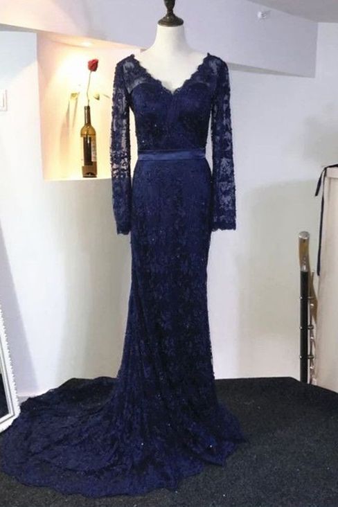 Deep V-neck Long Sleeves Backless Mermaid Lace Floor-length Prom Dress