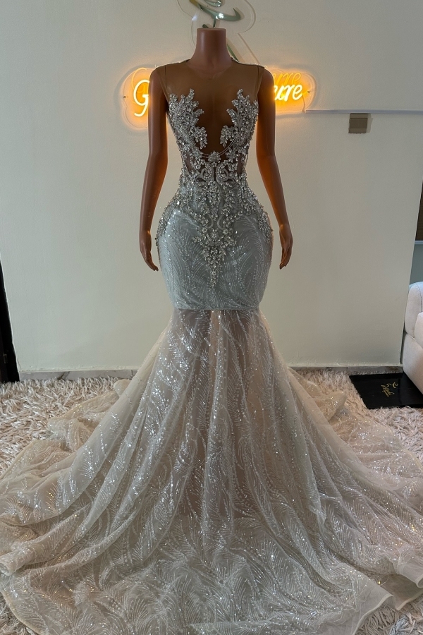 Mermaid Long Appliques White Prom Dress Rhinestones and Beads