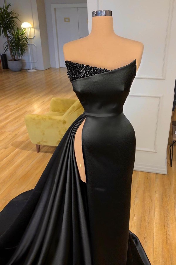 Black Long Mermaid Strapless Beading Satin Formal Prom Dresses with Slit