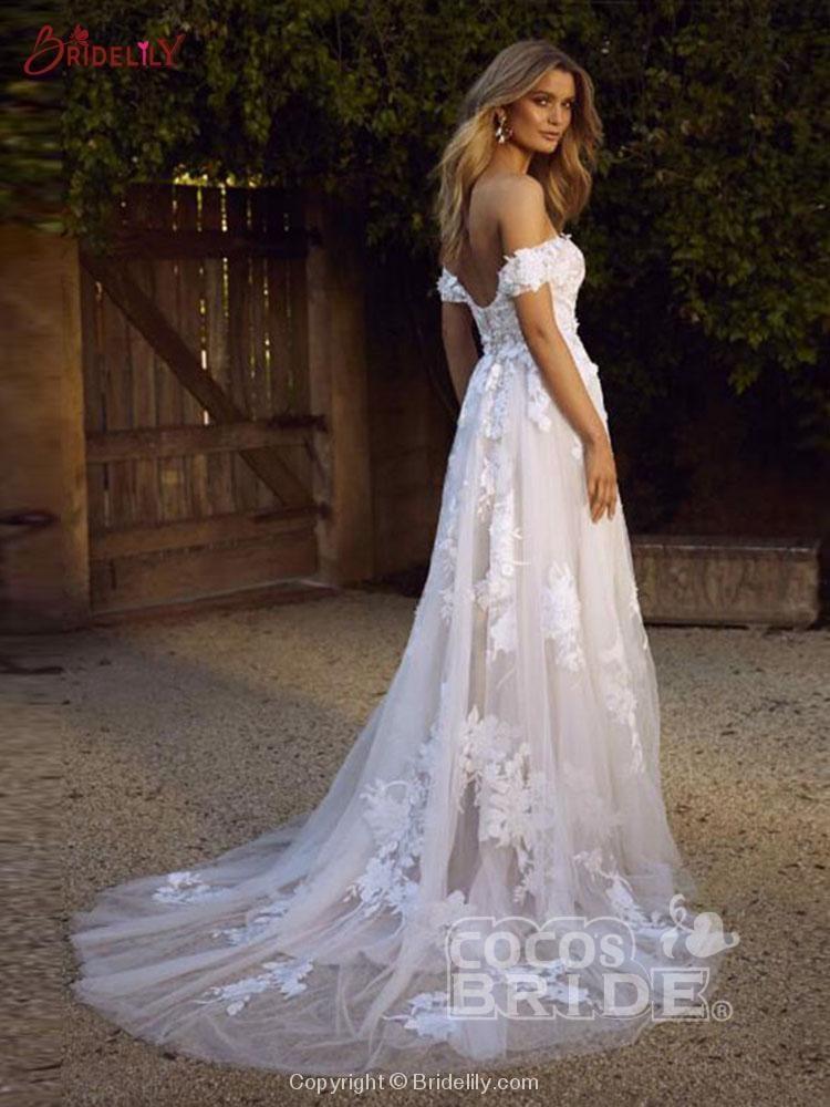 Gorgeous Long Off the Shoulder Open Back Appliques Tulle A-line Wedding Dresses