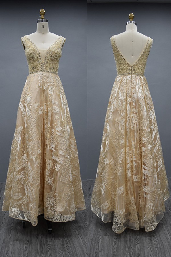 Elegant Long A-line V-neck Satin Beading Backless Formal Prom Dresses