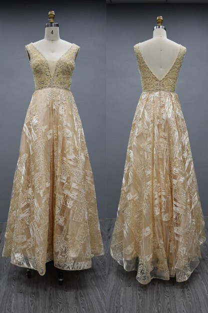 Elegant Long A-line V-neck Satin Beading Backless Formal Prom Dresses
