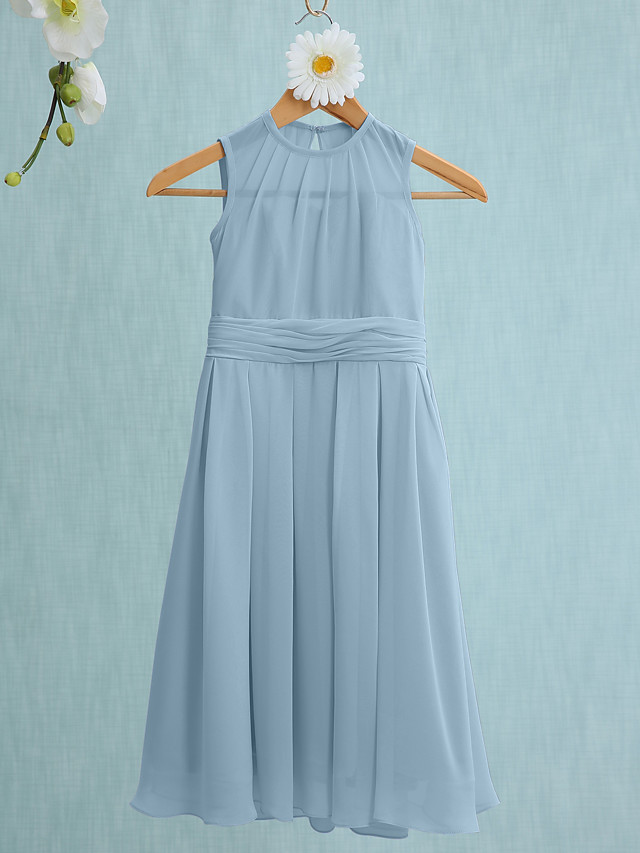 Sky Blue Long A-line Jewel Neck Knee Length Chiffon Junior Bridesmaid Dress