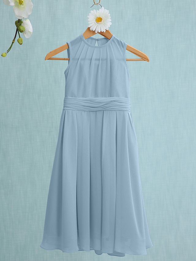 Sky Blue Long A-line Jewel Neck Knee Length Chiffon Junior Bridesmaid Dress
