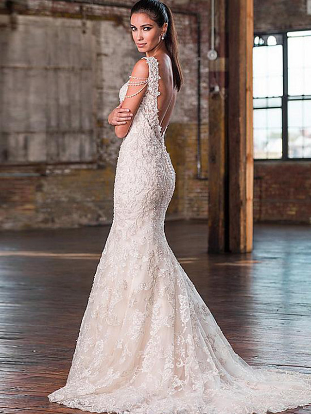 Elegant Long Mermaid Sweetheart Court Train Lace Tulle Spaghetti Strap Wedding Dresses