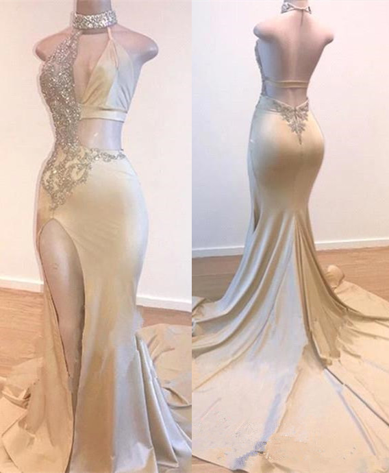 Long Mermaid Halter Satin Beading Split Front Backless Prom Dress